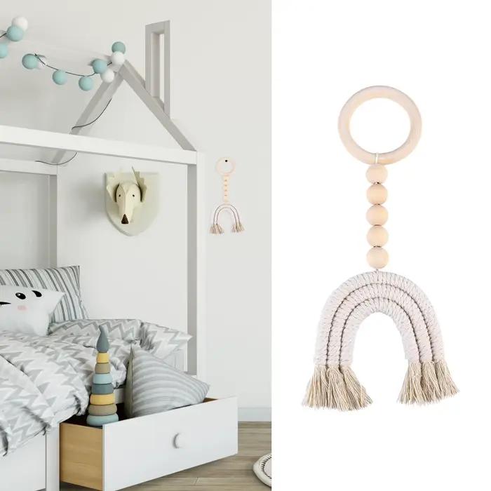 Décoration Bohème pour Chambre : Pendentif Arc-en-ciel en Perles de Bois Beige avec Pompon