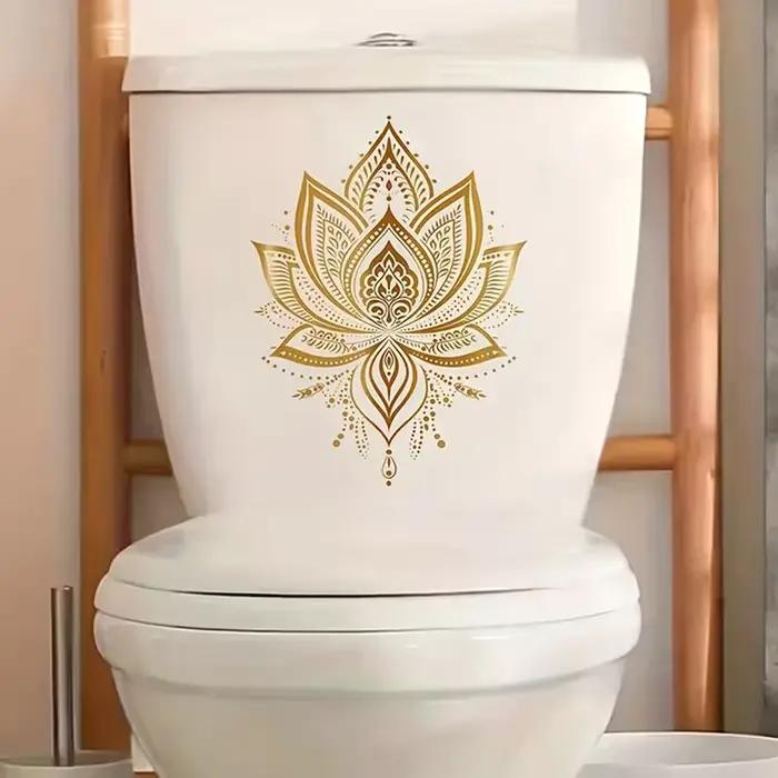 Autocollant de toilette Lotus doré décoration de style Zen autocollant mural auto-adhésif amovible esthétique pour salle de bain décoration de maison polyvalente occassions spéciales