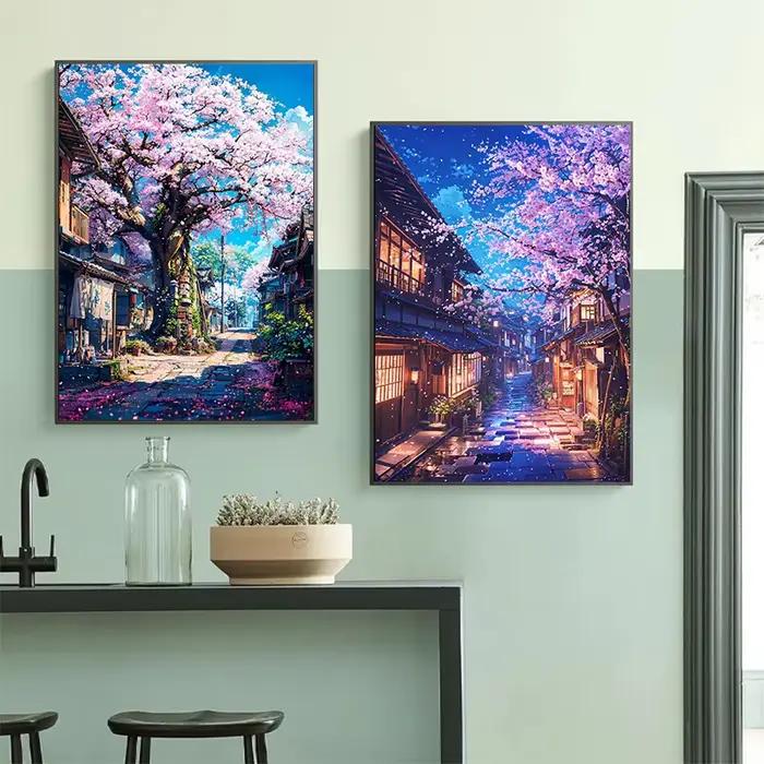 Affiche de village de fleurs de cerisier japonais peinture sur toile aquarelle style japonais décoration murale pour salon maison occasions spéciales
