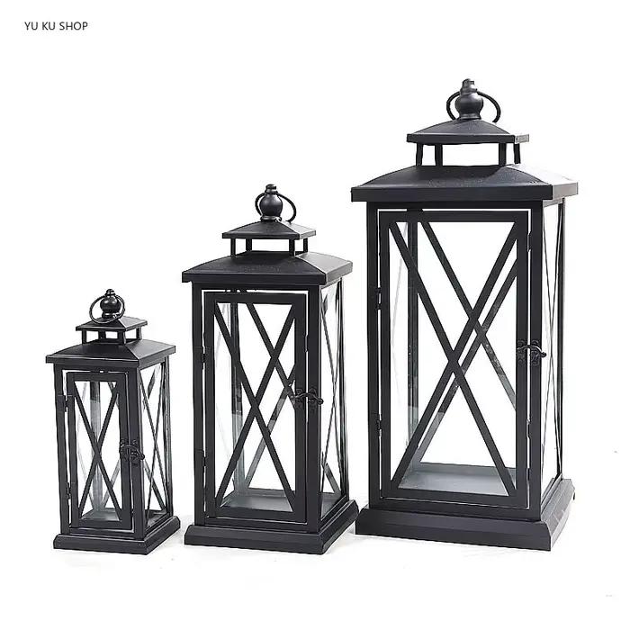 Lanterne coupe-vent en verre, porte-bougie en métal, grand modèle noir, design moderne, chandelier marocain, décoration d'intérieur