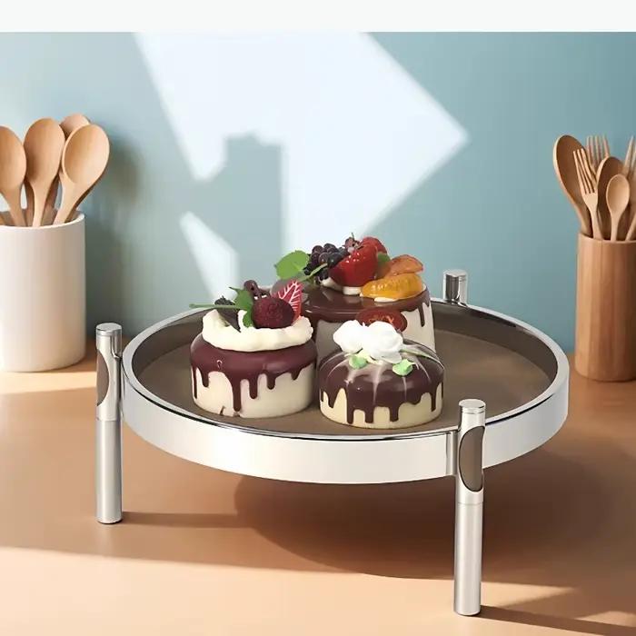 Plateau en cuir et acier inoxydable sur pieds hauts, plateau de rangement, plateau à bijoux, support à gâteaux, présentoir, plateau à rafraîchissements, assiette à dessert