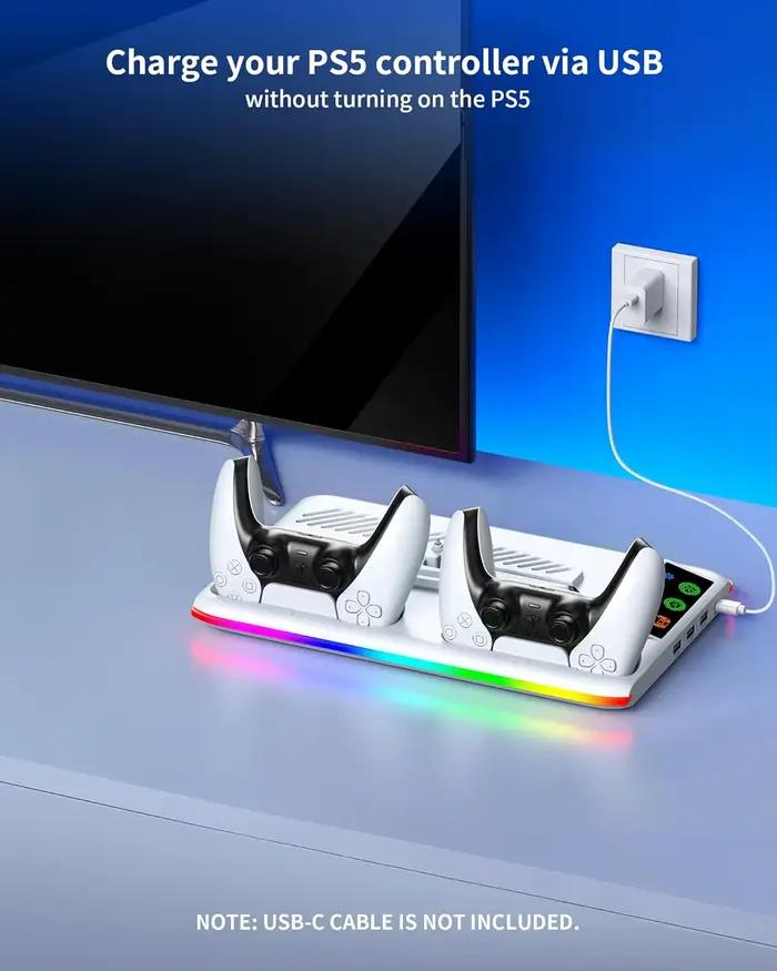 Support de refroidissement pour PS5/Slim/Pro, avec Station de charge de contrôleur LED, ventilateur de refroidissement à 3 vitesses pour accessoires de Console PlayStation 5