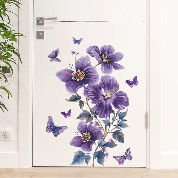 Autocollants muraux papillons et fleurs violettes pour salon et chambre à coucher – Décoration murale auto-adhésive