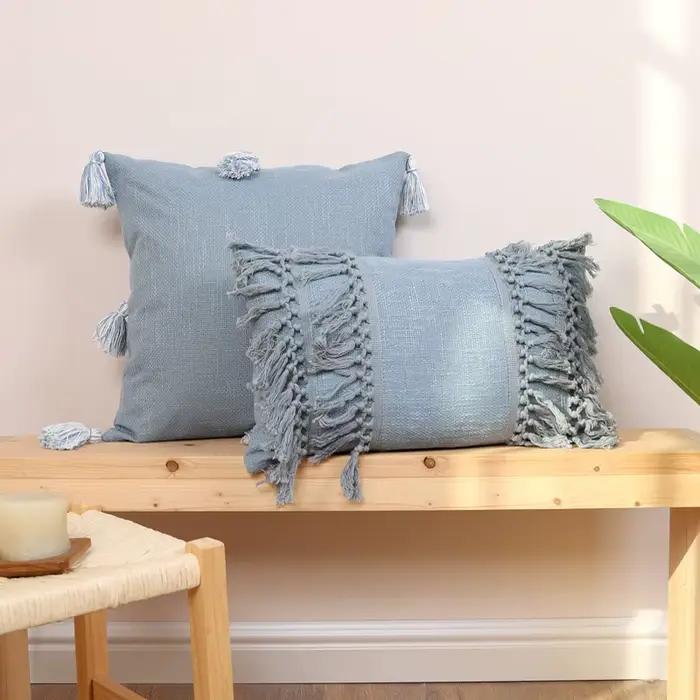 Housse de coussin à pampilles en coton et lin, couleur unie, rétro, rose, bleu, Beige, à franges, coussins décoratifs pour canapé et maison