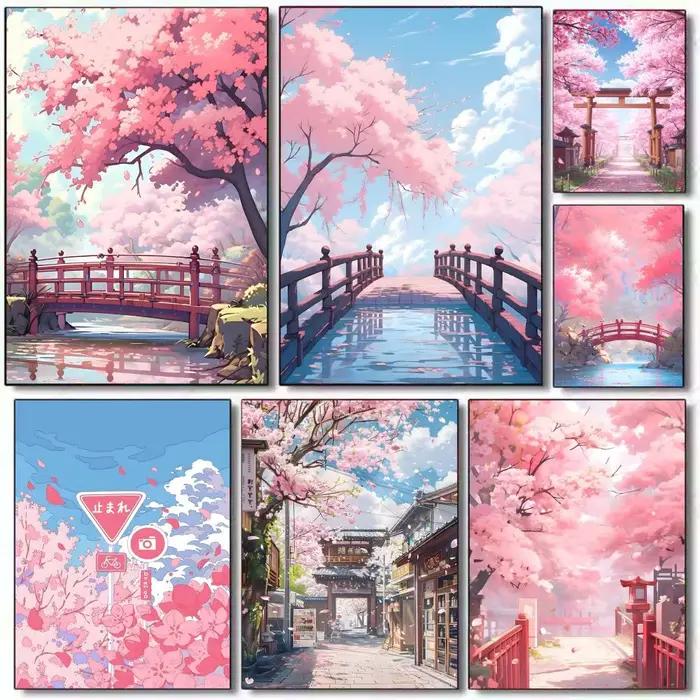 Affiche d'amour de dessin animé de fleur de cerisier japonaise