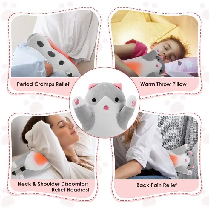 Coussin chauffant en peluche mignon en forme de chat avec recharge USB, coussin chauffant électrique pour les crampes menstruelles, coussin chauffant pour le dos