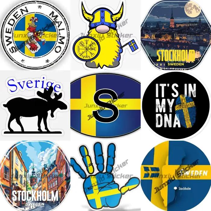 Suède Malmo Stockholm nuit ville autocollant créativité Sverige ADN patrimoine suédois ancêtre rond résistant à l'eau vinyle autocollants