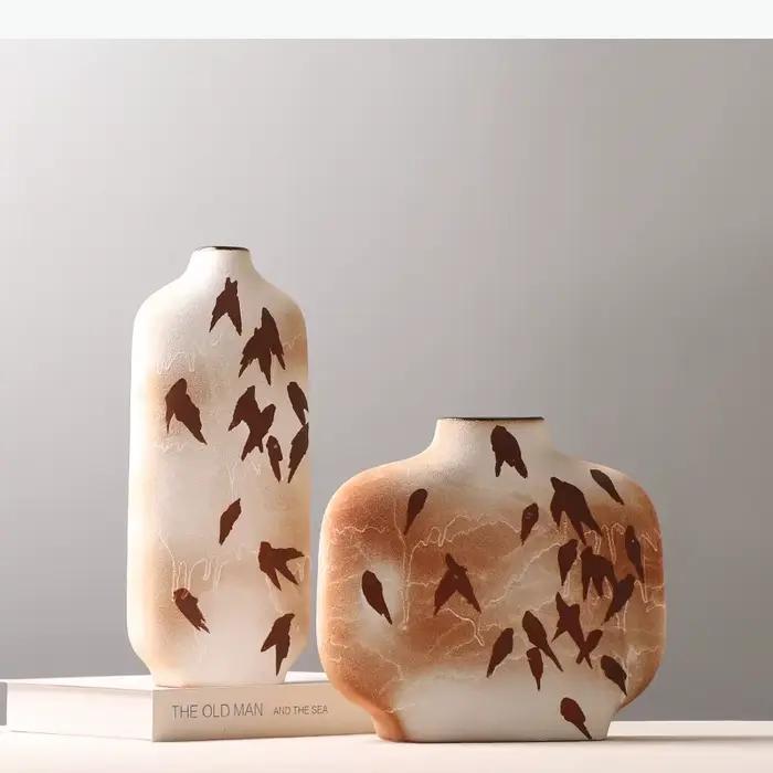 Vase en céramique de forme plate, style chinois rétro, motif feuille d'érable et hirondelle, vase à fleurs, artisanat en céramique, décoration d'intérieur