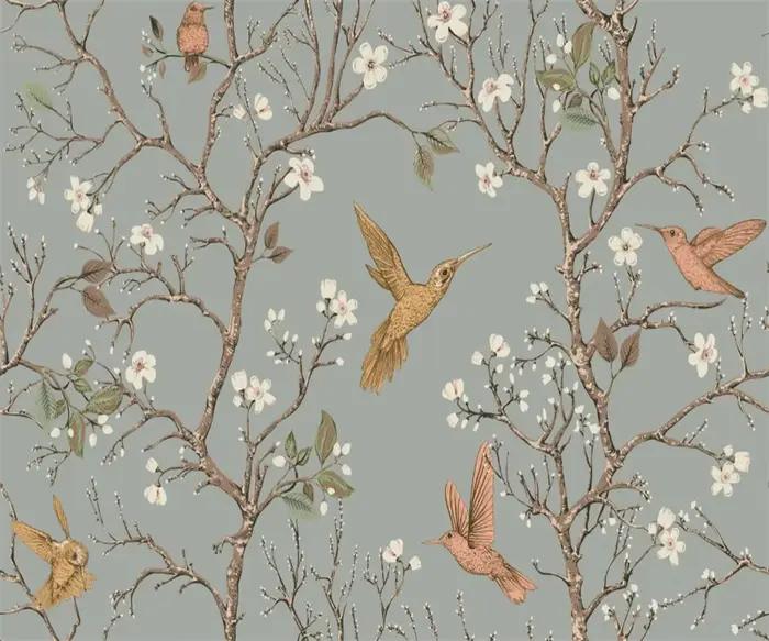 Papier peint personnalisé style européen rétro avec motifs de plantes, fleurs, forêts et colibris pour chambre à coucher, salon, fond de mur durable et respectueux de l'environnement