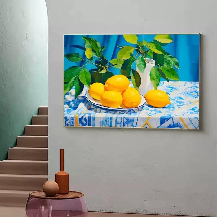 Affiche de peinture sur toile de citron, pomme, nature morte, impression de fruits vintage, melon en botanique, art mural de cuisine, photo, décoration d'intérieur moderne abstraite