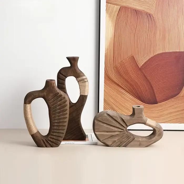 Vase en bois fait main, abstrait, ajouré, en bois naturel, accessoires pour arrangements floraux, corde de chanvre, décoration intérieure