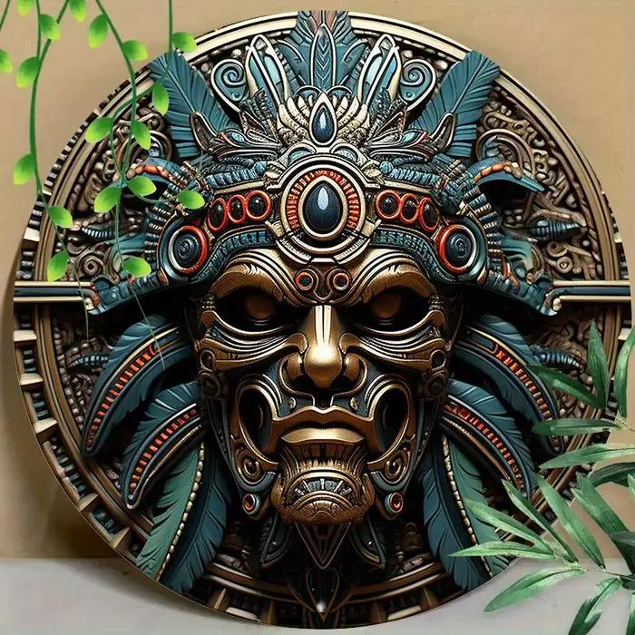 Aztec Warrior Art mural rond en aluminium de 8 po – Résistant aux UV et aux rayures