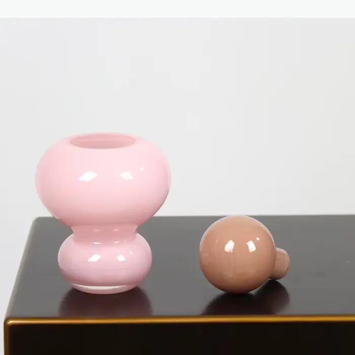 Joli vase circulaire en verre rose, pot de plante, décoration de table, arrangement de fleurs, vases à fleurs artificielles, décoration esthétique de la pièce