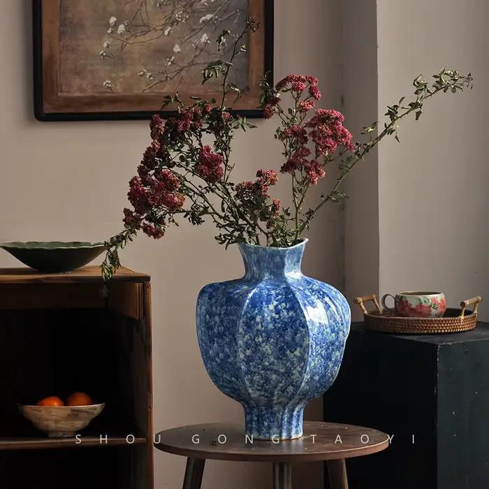 Vase en céramique bleu, transformé au four, fait main, en terre cuite, pour fleurs, accessoires d'arrangement floral