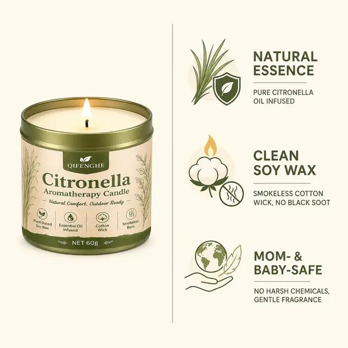 Bougie parfumée à la citronnelle 60g, cire de soja naturelle, aromathérapie, anti-moustiques, bougie en boîte pour chambre, balcon, jardin, camping