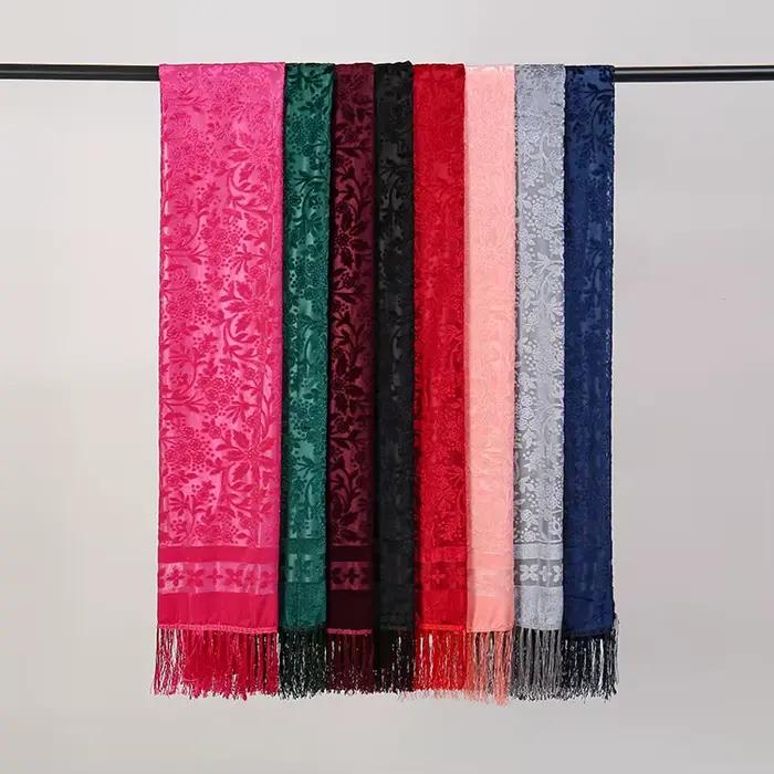 Velours Floral évider écharpe rétro ethnique gland écharpe velours Pashmina étole Babushka musulman Hijab plage Cheongsam châle
