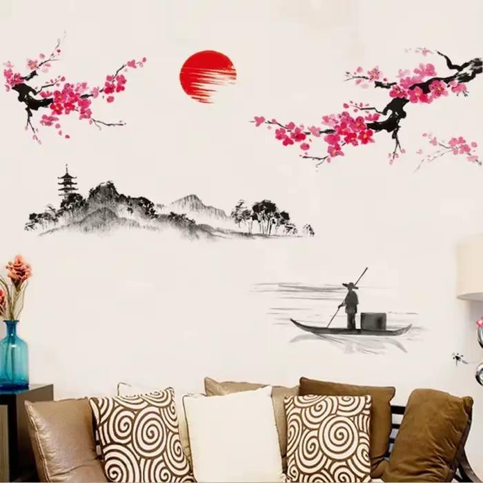 Style chinois Sakura japonais rose fleur de cerisier arbre décoration murale décalcomanies autocollant Mural affiche papier peint décor.