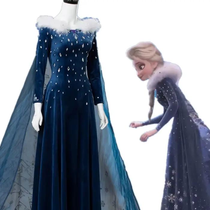Robe de cosplay Elsa, jupe longue en velours bleu profond, col en peluche, cape brodée de flocons de neige, costume de fête ou d'exposition