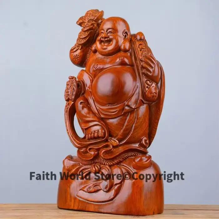 Statue de Bouddha Maitreya en bois rouge faite à la main