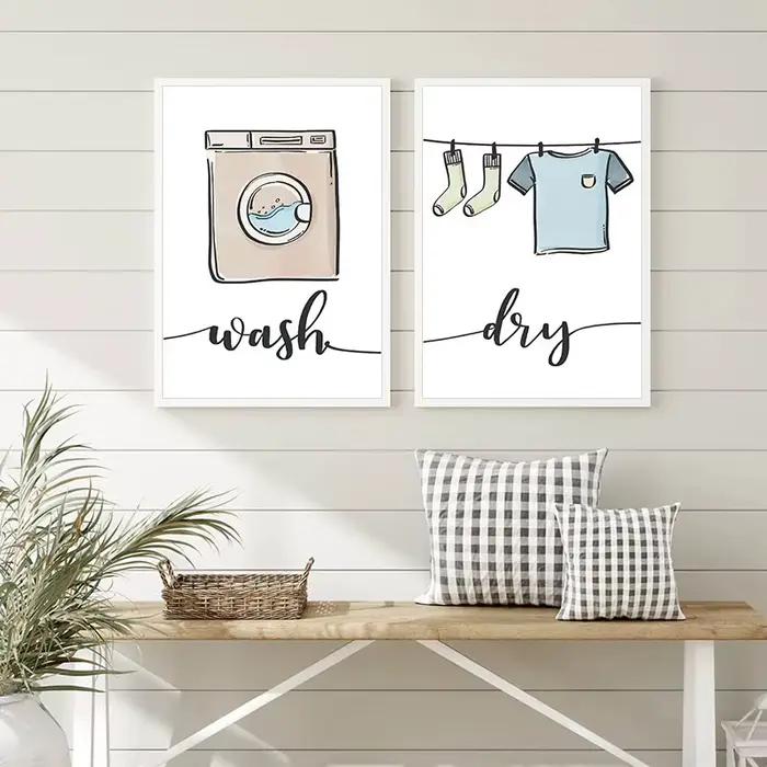 Affiche décorative d'art de buanderie moderne, impressions mignonnes, lavage à sec, possède des anticorps, modèle de signe, image de toile, décor de mur à la maison simple