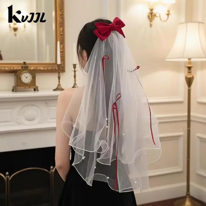 Voile de mariée court en tulle blanc avec nœud et pince à cheveux, accessoires pour enterrement de vie de jeune fille, accessoires pour séance photo