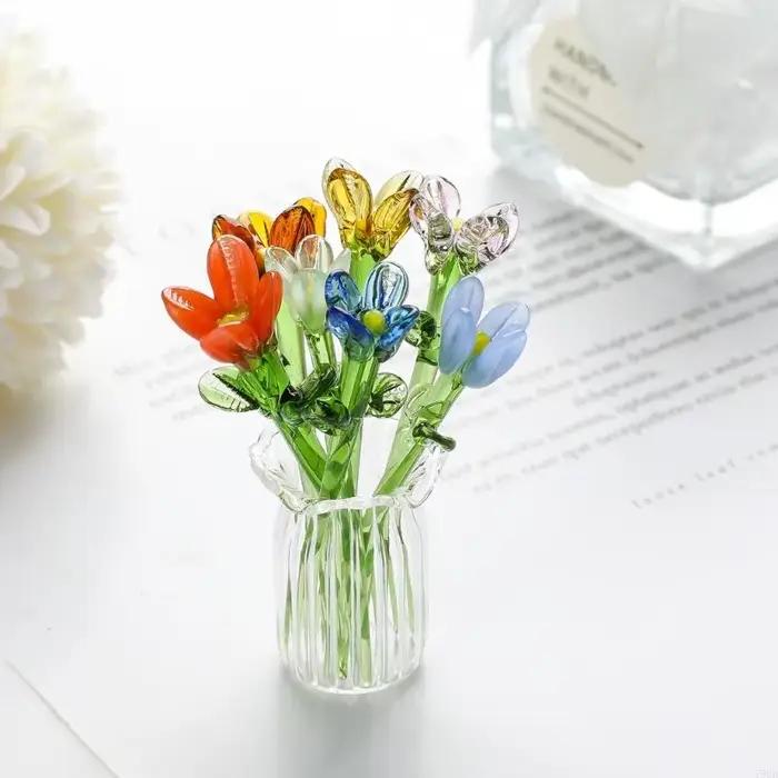 Bouquet fleurs en verre délicat avec Vase, présentoir fleurs miniatures, ajoute mode aux décors bureau à domicile