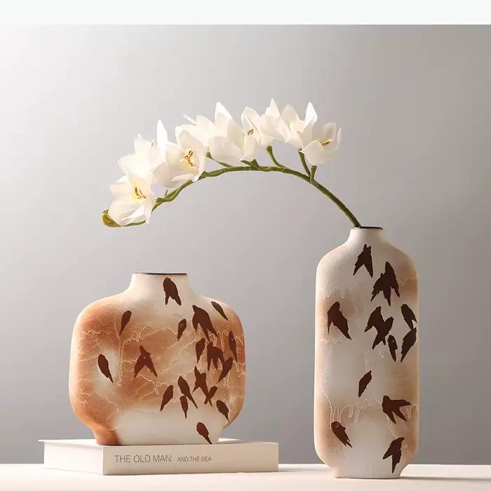 Vase en céramique de forme plate, style chinois rétro, motif feuille d'érable et hirondelle, vase à fleurs, artisanat en céramique, décoration d'intérieur