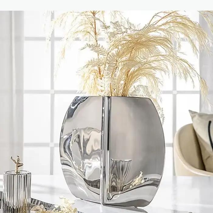 Vase géométrique argenté, décoration de bureau, arrangement floral, fleurs artificielles, vases décoratifs, décoration esthétique de la pièce