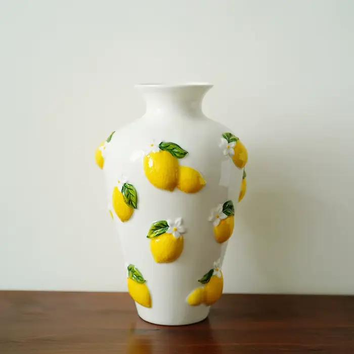Vase en céramique, sculpture en relief de citron tridimensionnelle, vase à fleurs, accessoires pour arrangements floraux, artisanat en céramique, vases