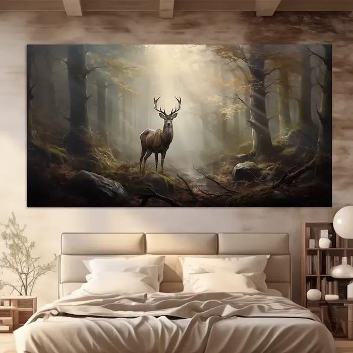 Affiche de cerf vintage en forêt brumeuse mystique avec animaux sauvages peinture sur toile pour décor de maison et chambre à coucher occassions spéciales