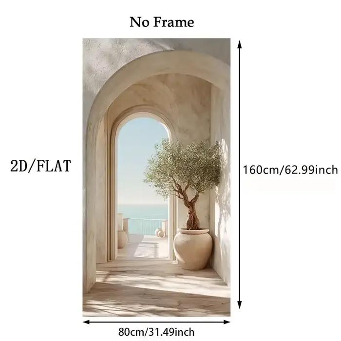 Grande impression sur toile en arc d'olivier méditerranéen côtier sans cadre - Art mural inspiré de l'île grecque beige