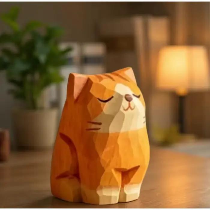 Figurine de chaton en bois sculptée à la main