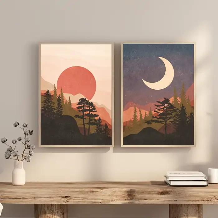 2 pièces sans cadre soleil et lune montagne paysage mur Art