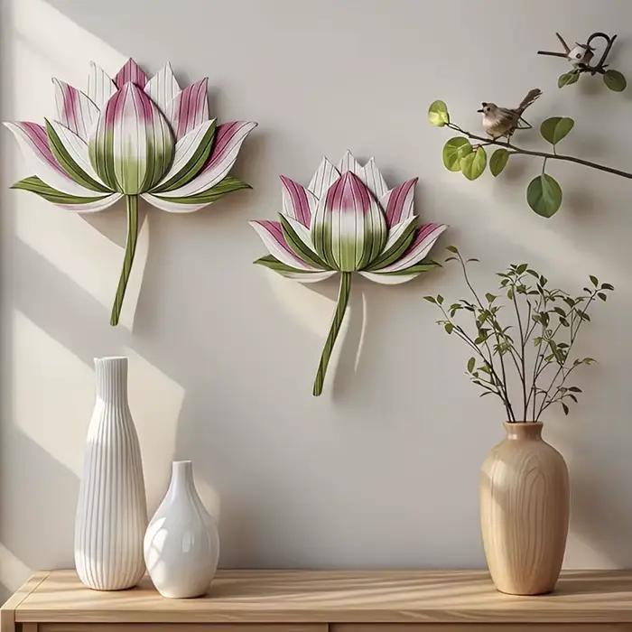 2 pièces Décoration murale en bois de fleur de lotus naturelle