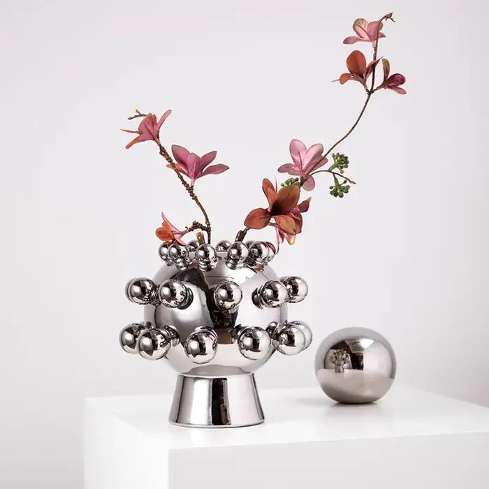 Vase en céramique argenté, géométrique, abstrait, sphérique, relief cellulaire, pour fleurs, accessoires d'arrangement floral, décoration intérieure