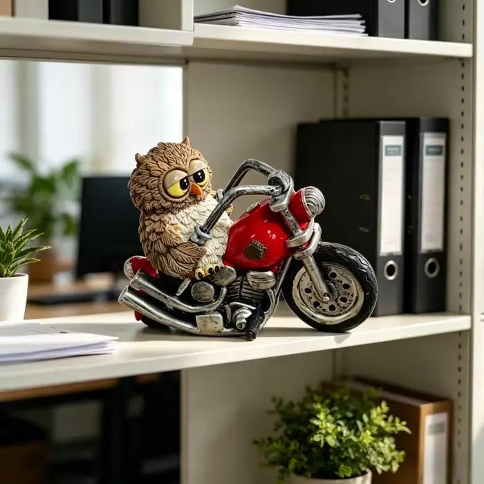 Figurine en résine Hibou sur Moto, Statue Hibou Motard Rétro, Décoration Animale Fantaisiste pour Maison et Bureau