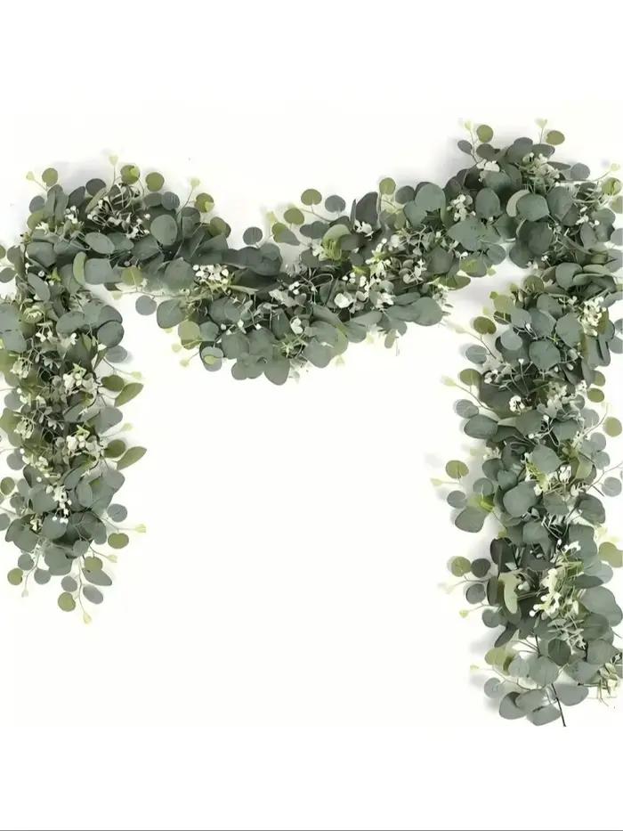 Guirlande de feuilles d'eucalyptus artificielles vigne de printemps avec fleurs blanches et baies pour décoration de mariage et fête à domicile