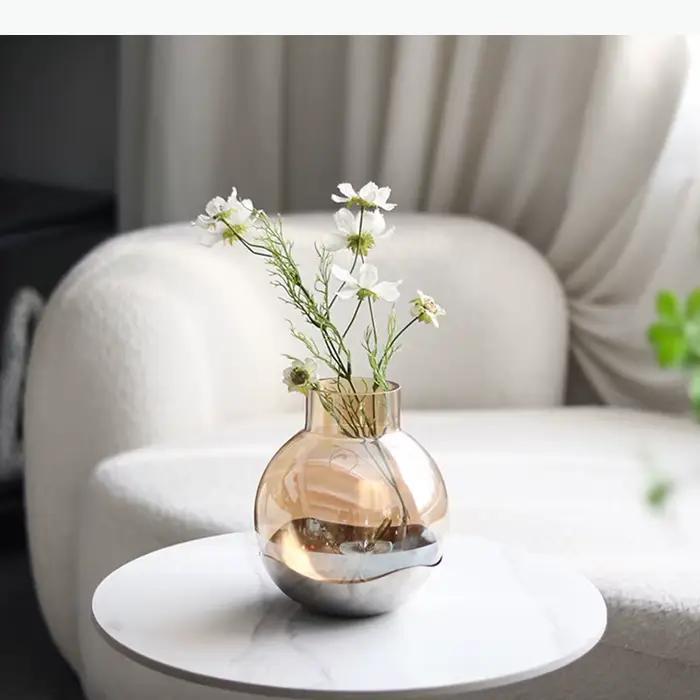 Vase en verre transparent couleur ambre, pots à fleurs, décoration de bureau, arrangement floral, vases floraux ronds, décoration esthétique de la pièce