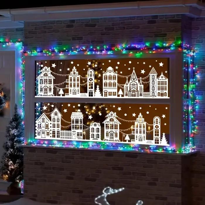 Autocollants de fenêtre de château de nuit de neige de noël, autocollants de fenêtre en verre de noël, décoration d'autocollants de fenêtre de noël