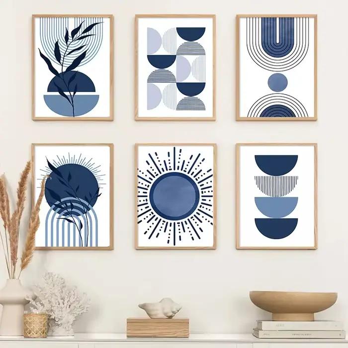 Boho bleu abstrait moderne mur Art impression soleil géométrique ligne feuille toile peinture nordique affiches décor photos pour salon