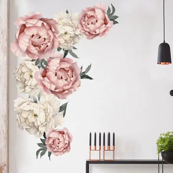 Autocollant mural en forme de fleurs de pivoine et de rose