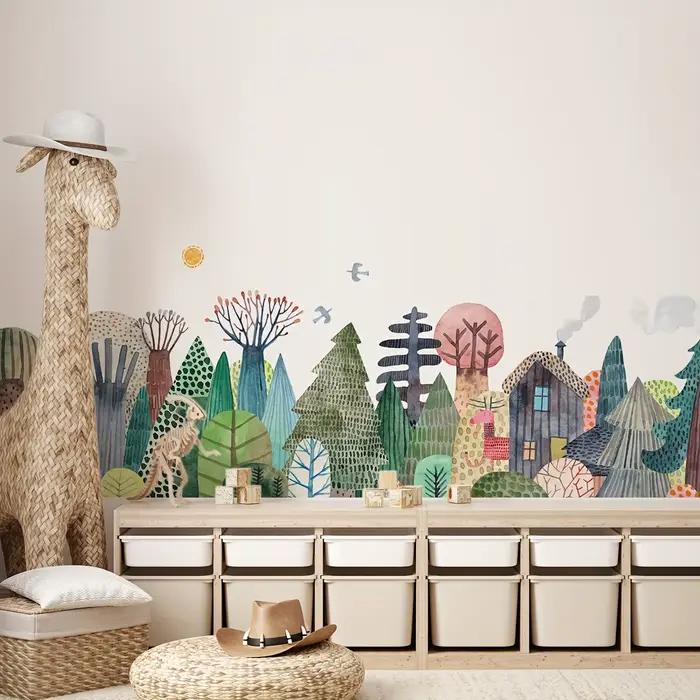 Autocollant Mural à Motif de Forêt et de Verdure en Aquarelle