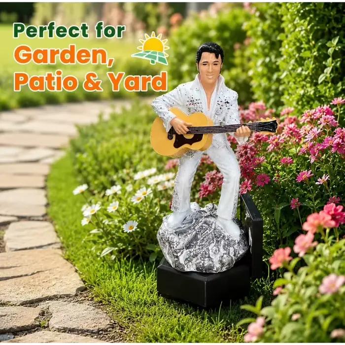 Statue de jardin solaire Elvis, statue de chanteur rock vintage, lumière LED chaude, imperméable, décoration de pelouse extérieure, ornement de cour, cadeau