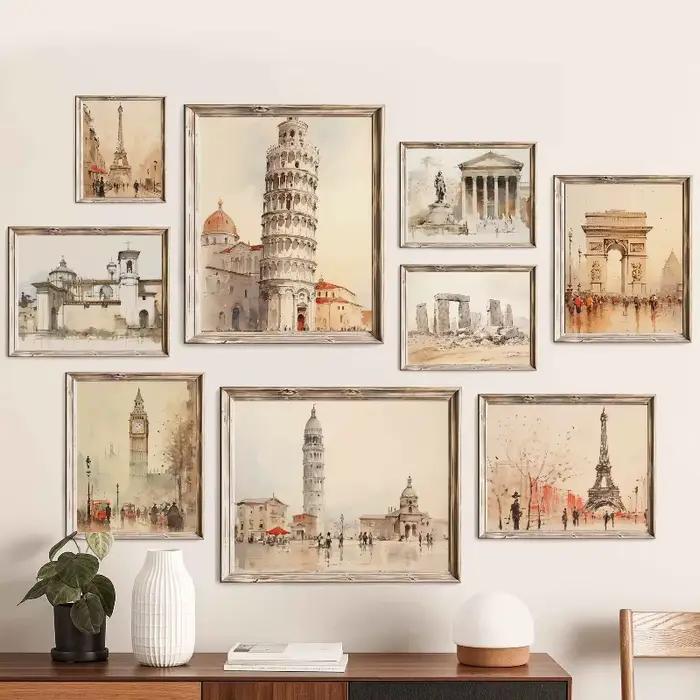Toile imprimée aquarelle paysage urbain européen ensemble de Paris Londres Pisa rustique art mural moderne pour homme occasions spéciales