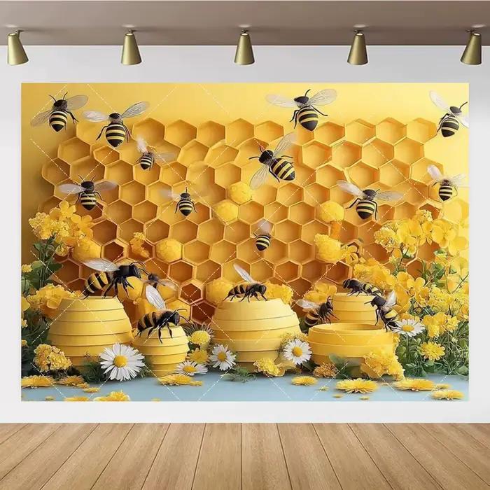 Bohème fleur abeille marguerite thème fond doux nid d'abeille mur Rural planche de bois enfants anniversaire famille