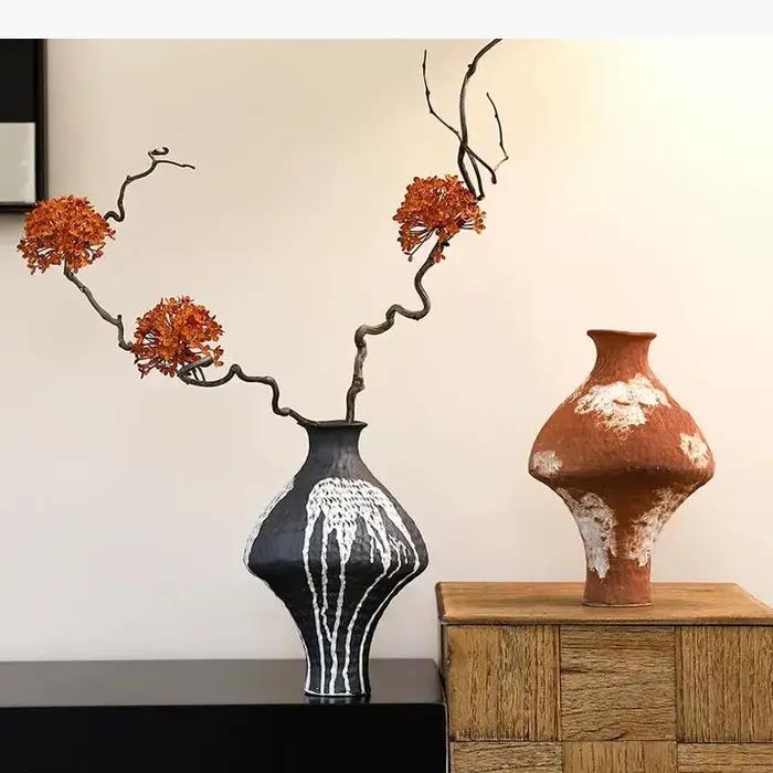 Vase en céramique vintage, fleurs artificielles, pot décoratif, décoration de bureau, œuvre d'art abstraite, vases floraux, décoration esthétique de la pièce