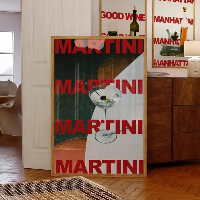 Affiche de Cocktail Martini Rétro Moderne Toile Art Mural Minimaliste Décoration Salon Maison Occasions Spéciales