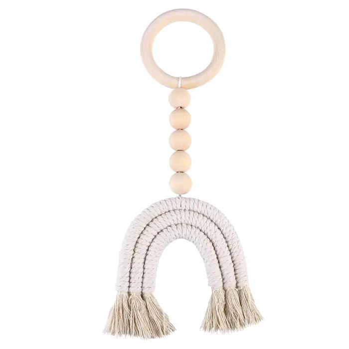 Décoration Bohème pour Chambre : Pendentif Arc-en-ciel en Perles de Bois Beige avec Pompon