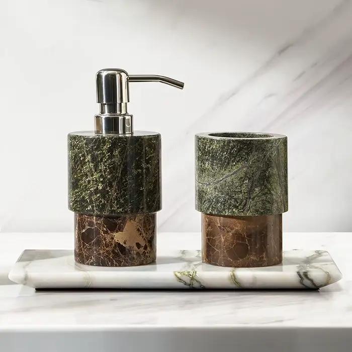 Bouteille de Lotion en marbre à blocs de couleur nordique et plateau d'aromathérapie, accessoires de salle de bains avec distributeur de savon à blocs de couleur exquis