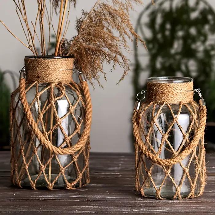 Vase en verre transparent de poche en maille tissée à la main
